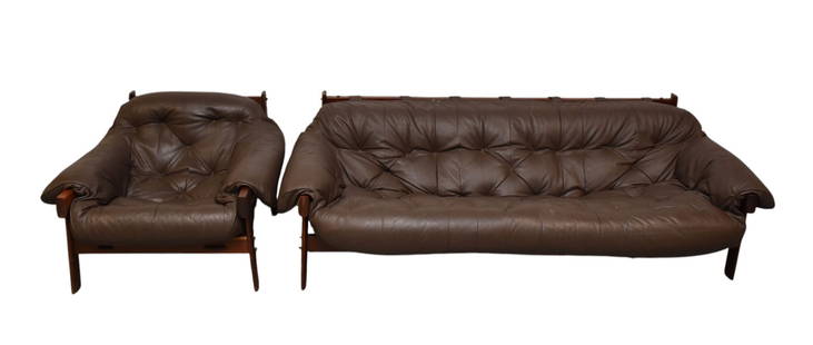 Percival Lafer MP-41 Leather Sofa & Armchair, Brazil, 1970s - Brazil. Brown leather, hardwood. A: Percival Lafer MP-41 Leather Sofa & Armchair, Brazil, 1970s - Brazil. Brown leather, hardwood. A mid-century MP-41 Lounge Chair and Three-Seater Sofa by Brazilian designer Percival Lafer. No apparent