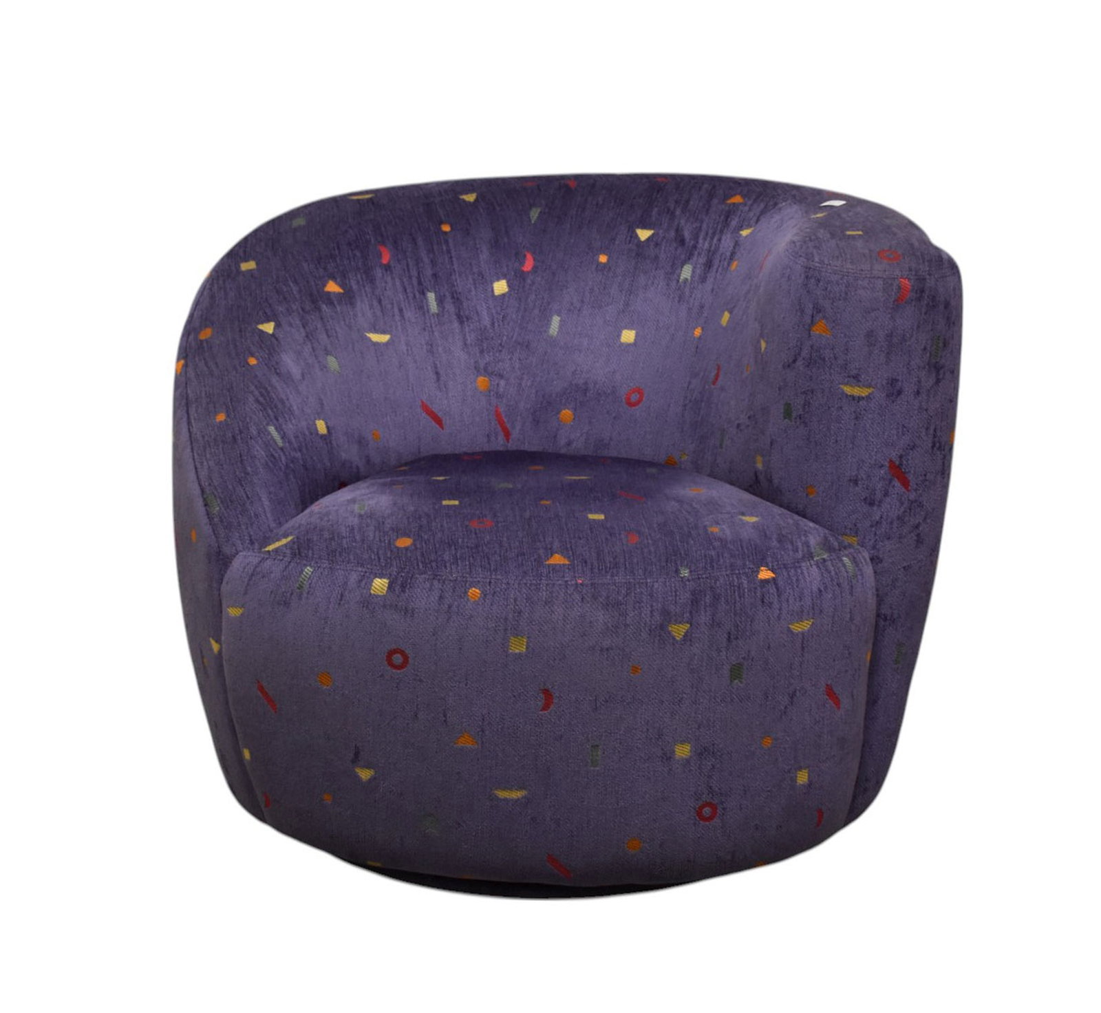 Vladimir Kagen Style Nautilus Swivel Chair - An asymmetrical upholstered 'Nautilus' corkscrew swivel: Vladimir Kagen Style Nautilus Swivel Chair - An asymmetrical upholstered 'Nautilus' corkscrew swivel club chair after the designer Vladamir Kagan. Purple chenille type fabric with bold colored embroid