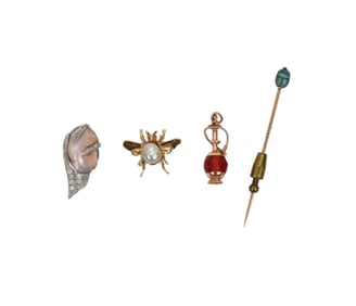 14K Yellow Gold & Platinum Lot. 3 Pins and 1 Charm. Platinum wt. 6.4grams 14K wt. 7.8 grams