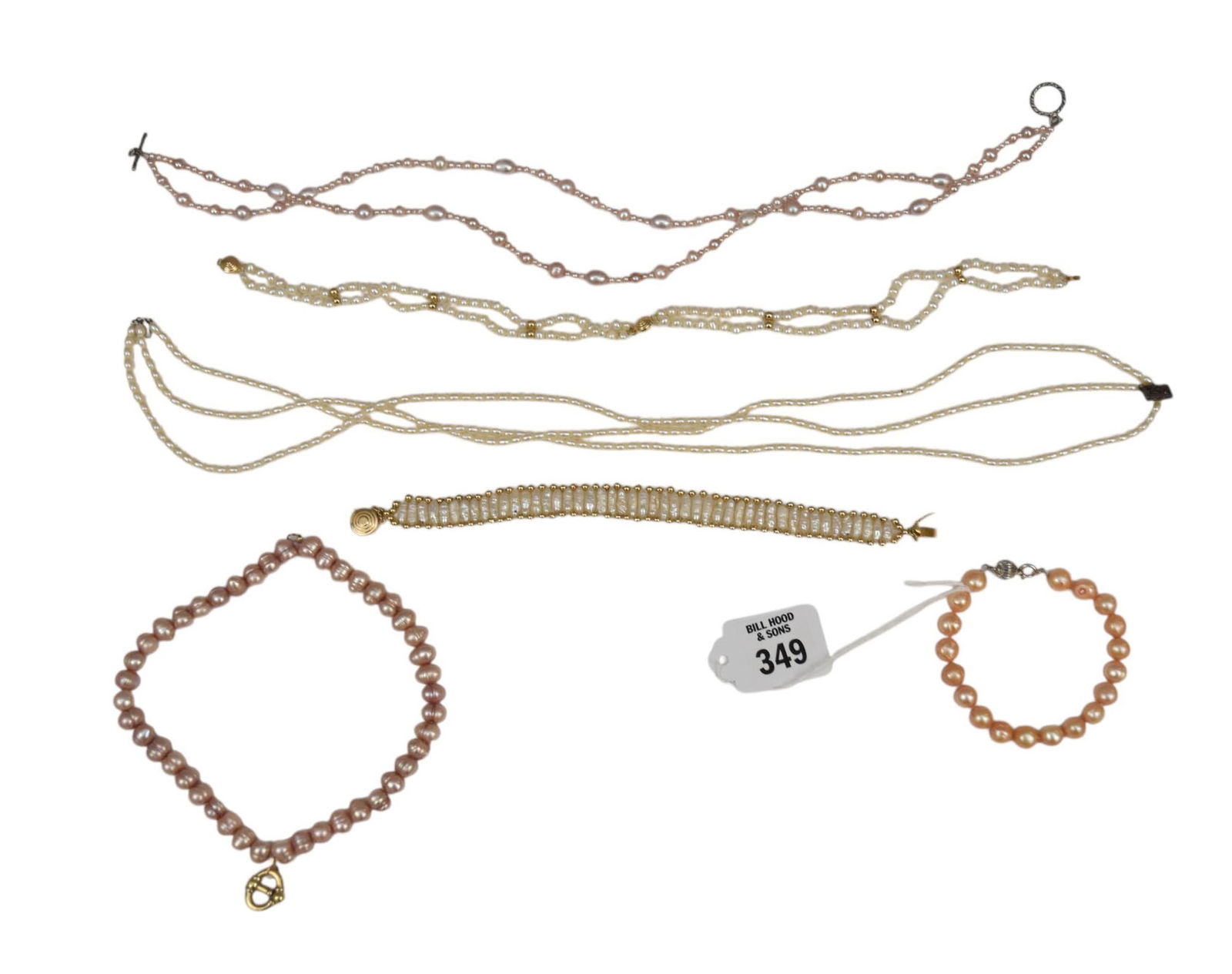 Lot of Pearl necklaces & Bracelets. 3 necklaces (1) with 14K gold clasp 14" - 16" and 3 bracelets 2 (1 of 6)