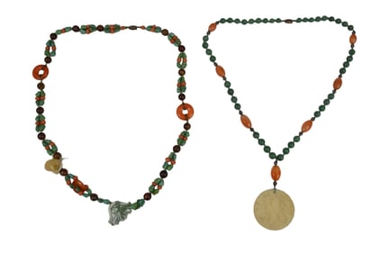 2 Jade, Agate & Turquoise Necklaces. 28" with white jade pendant 2" and 30" Jade and turquoise