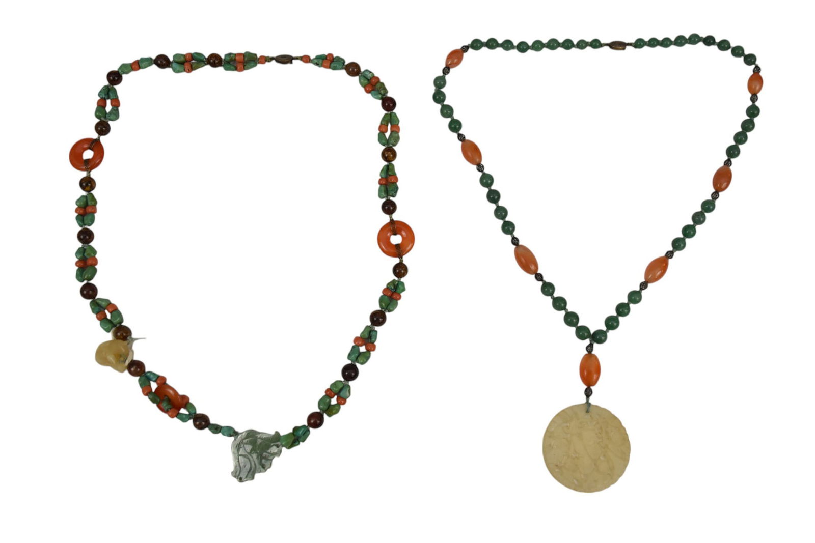 2 Jade, Agate & Turquoise Necklaces. 28" with white jade pendant 2" and 30" Jade and turquoise (1 of 7)