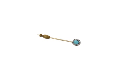 Antique 14K Yellow Gold Diamond Turquoise Stick Pin. 12 Diamond SI2- I1 G-H .03 each