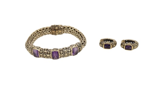 John Hardy Sterling Silver & 18K Gold Bracelet and earrings. Bracelet 7" Earrings .75" wt. 78.2