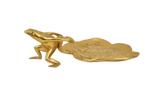 Hauy Pouigo Italian Mid-Century bronze Object-de art Frog and lilly pad signed on underside of frogs