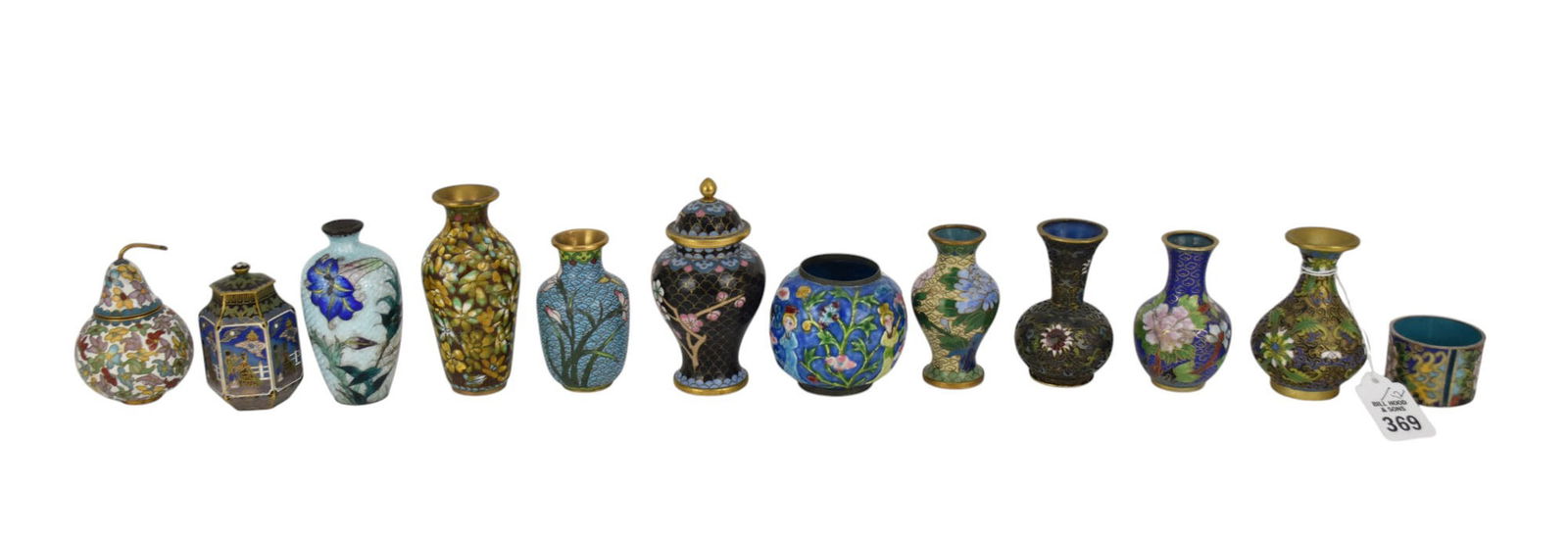 12 Miniature Cloisonne & Champleve Vases, Light Blue (damage) & Covered Pieces, 1 1/2"h to 3 1/2"h (1 of 5)