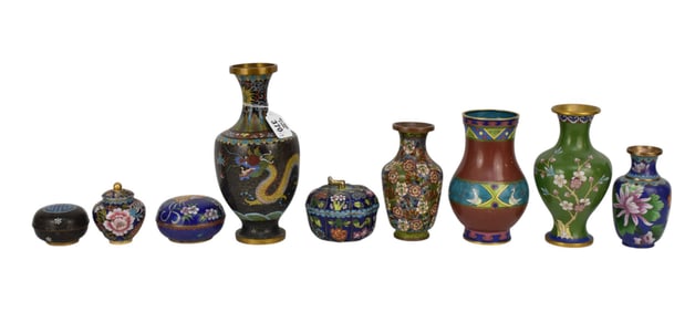 9 Assorted Cloisonne Vases & Covered Boxes, Largest 9 1/2"h (quarter size dent) & Smallest 2"h (chip