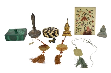 Lot of Misc. Objects; Malachite Box, Oval Wood Black & White Box, Mini Foo Dog, Seated Gilt Metal