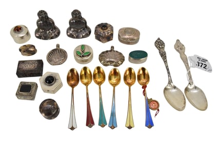 Lot Misc. Silver 900 & 925, 14 Vintage Pill Boxes, 6 Enamel Spoons and 2 Sterling Teaspoons,