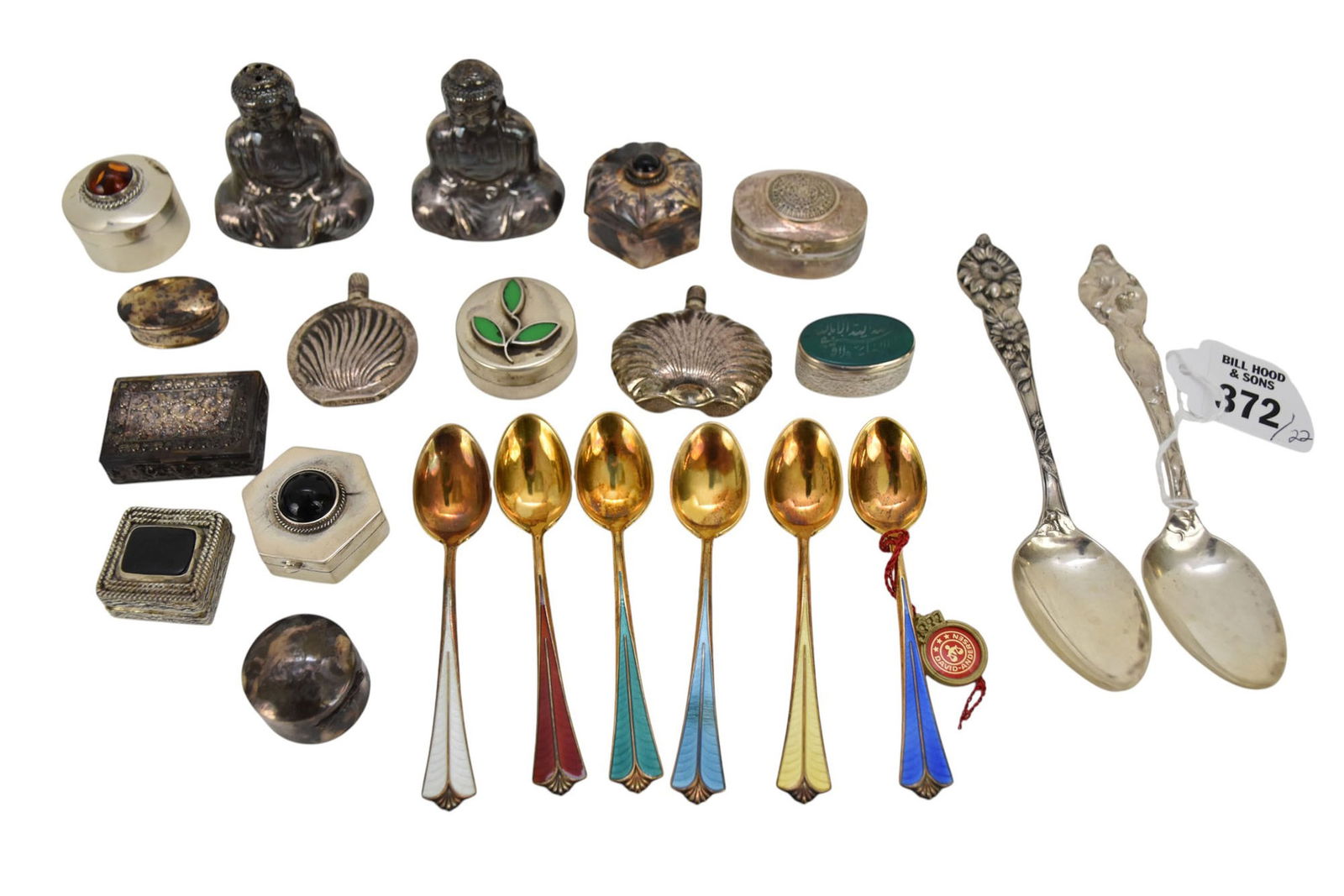 Lot Misc. Silver 900 & 925, 14 Vintage Pill Boxes, 6 Enamel Spoons and 2 Sterling Teaspoons,: Lot Misc. Silver 900 & 925, 14 Vintage Pill Boxes, 6 Enamel Spoons and 2 Sterling Teaspoons, Smallest 1"w, Largest 6"w, 13 ozt