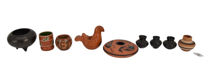 Grouping of Pueblo and Mexican Pottery - 20th Century. A collection of nine pieces of hand-made and