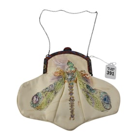 French Art Nouveau Hand-Painted Evening Purse, C. 1900 - Silk, enamel, metal, pigments, glass. A