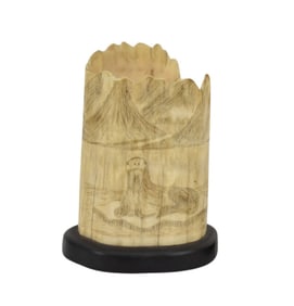 Antique Inuit Walrus Scrimshaw - Alaska/Canada, Inuit artist. A walrus tusk fragment (likely the