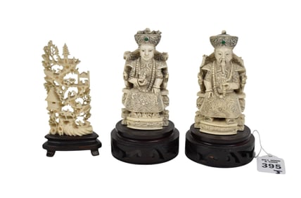 Pair Carved Emperor & Empress Figures & Landscape Scene - A pair of vintage Chinese carved bone