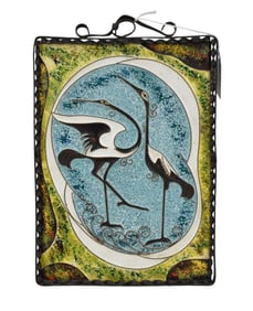 Deco Style Russian Enamel on Copper Plaque, Cranes - c. mid-20th century. Polychrome enamels,