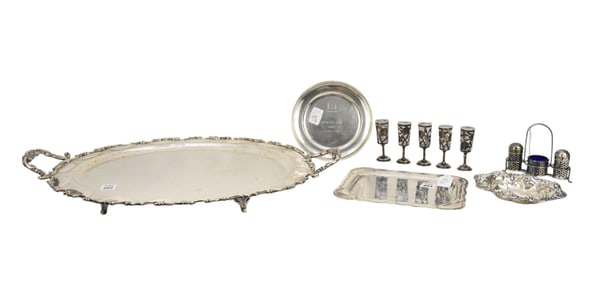 3 Small Sterling Trays (One Repousse) 9 3/4" x 7 1/2" largest, 5 Silver Overlay Cordials and Salt &