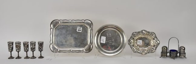 3 Small Sterling Trays (One Repousse) 9 3/4" x 7 1/2" largest, 5 Silver Overlay Cordials and Salt &