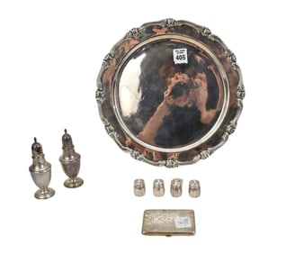Sterling Lot, 925 Peruvian Round Tray (11 1/2"dia), 6 Salt & Peppers and Monogrammed Compact, 27