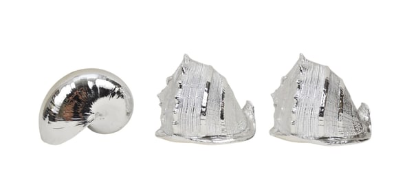 Pair Silvered Molded Conch Shells & Nautilus, 5"h x 6"w