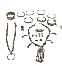 Southwestern Sterling Silver Turquoise Jewelry Lot. 2 necklaces, 8 bracelets, 3 pairs of earrings, 1