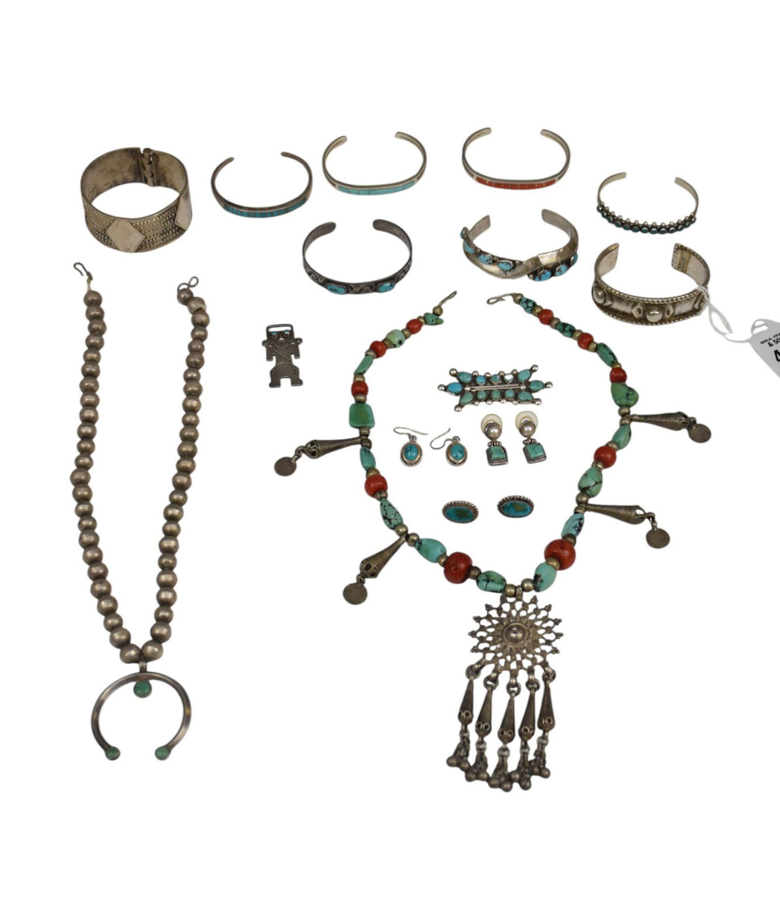 Southwestern Sterling Silver Turquoise Jewelry Lot. 2 necklaces, 8 bracelets, 3 pairs of earrings, 1 (1 of 9)