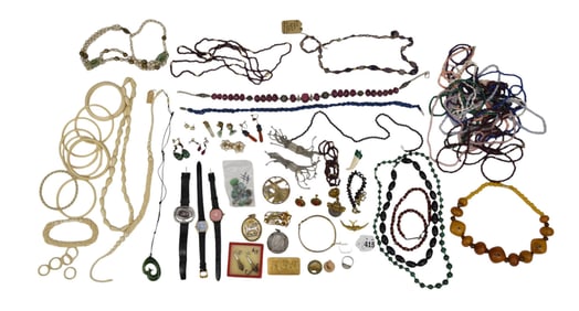 Semi Precious Stone & Costume Jewelry Lot. 22 Necklaces some with 14K yellow gold or silver clasp.