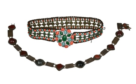 Vintage 1960s KJL and Silver Tone Belts. 1960s KJL Bejeweled and encrusted Gold Tone Mesh and Glass