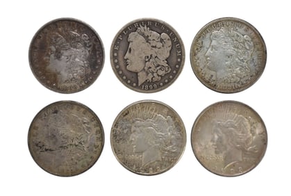 Morgan & Peace Dollar Lot. 4 morgan Dollars 1896, 1899 O, (2) 1921. 2 Peace Dollars 1922 & 1923