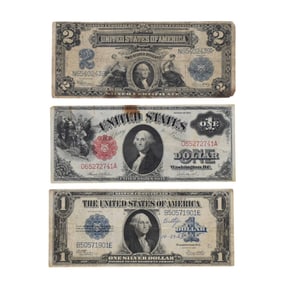 Paper Money Lot. 1899 2 Silver Dollar Blue Seal, 1917 Dollar Red Seal Dollar Blue Seal. See Pictures