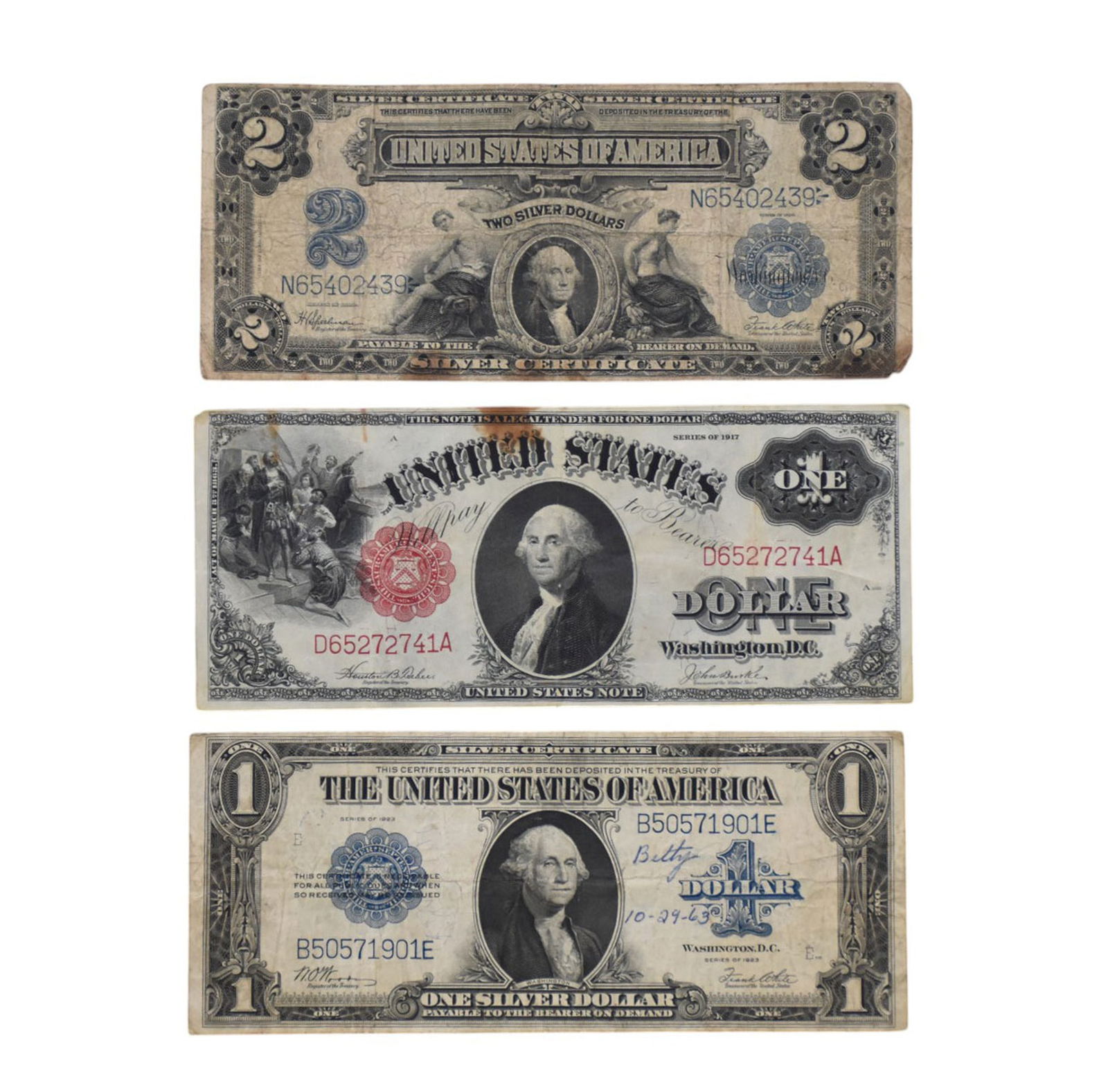 Paper Money Lot. 1899 2 Silver Dollar Blue Seal, 1917 Dollar Red Seal Dollar Blue Seal. See Pictures (1 of 8)