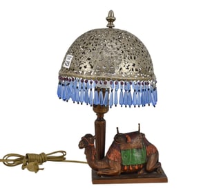 Reclining Camel Form Lamp with Pierced Metal Shade AND Blue Prisms, 14"h x 8"w