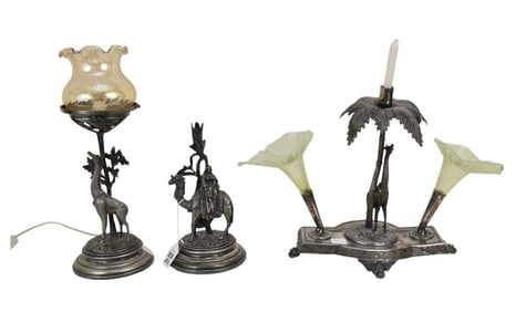 3 Lots of Victorian Silverplate, One Marked Sheffield, Electrified Lamp in Giraffe Form (15"h) Camel