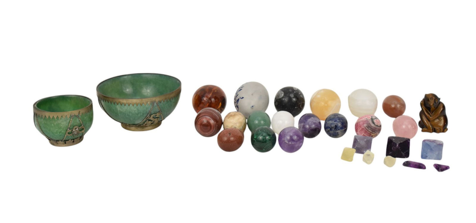 Lot of Assorted Polished Stone Eggs, Tiger Eye Monkey & 2 Persian Bowls, 2"h x 4 1/2" bowl (1 of 14)
