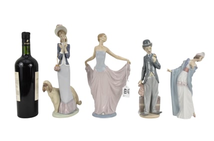 4 Lladro Porcelain Figures, Lady in Skirt (12"h), Charlie Chaplin (11"h, missing one finger),