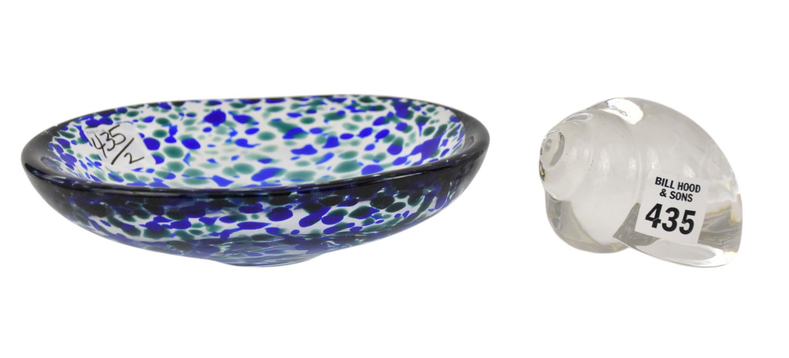 2 Glass Tableware's, Shell Made for Tiffany (2 1/2"h) AND Mottled Glass Dish (4"h x 8"w): 2 Glass Tableware's, Shell Made for Tiffany (2 1/2"h) AND Mottled Glass Dish (4"h x 8"w)