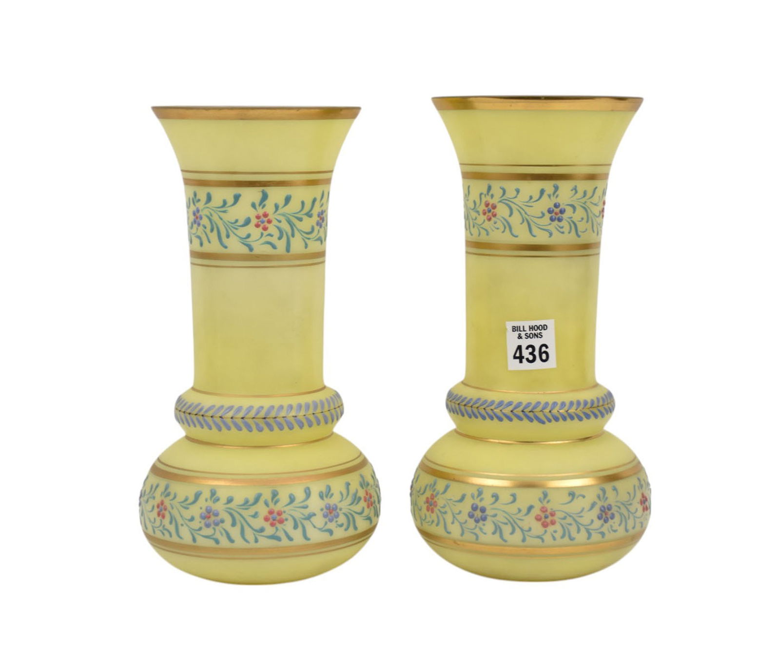 Pair Steven & Williams Vases, Yellow with Enamel Floral Design, 10"h x 4"dia (1 of 7)