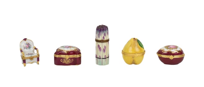5 Limoges Porcelain Boxes & 1 Halcyon Days Box, 3 1/2"h tallest Box