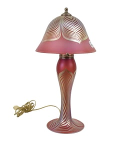Art Glass Table Lamp, Pulled Feather Design, Signed Correia, 19"h x 9"dia shade