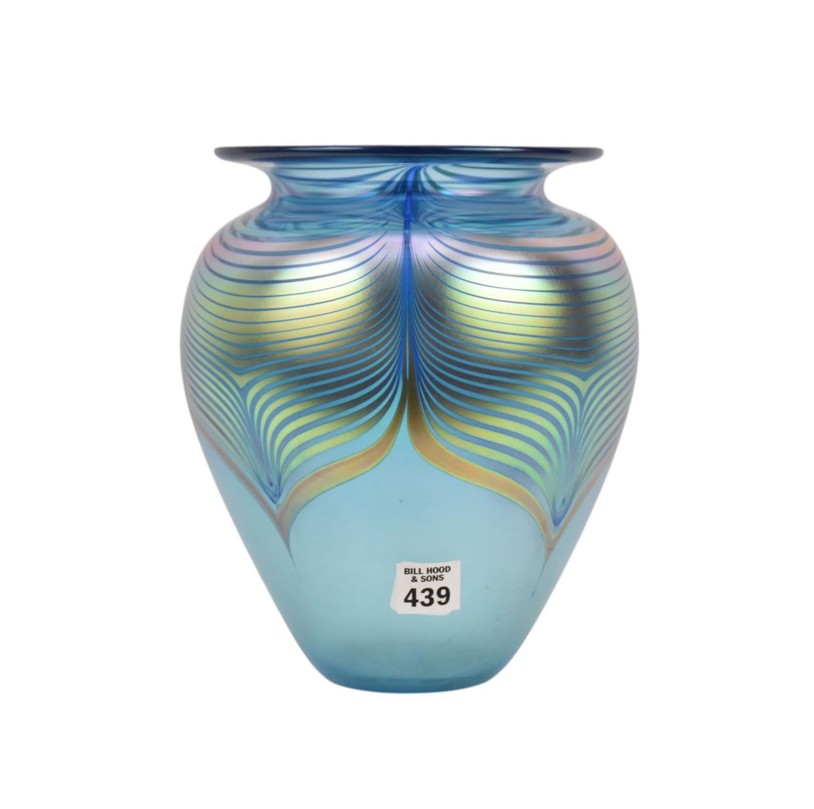 Art Glass Vase, Pulled Feather Design, Probably Correia (signature worn off), 9"h x 6 1/2"dia (1 of 7)