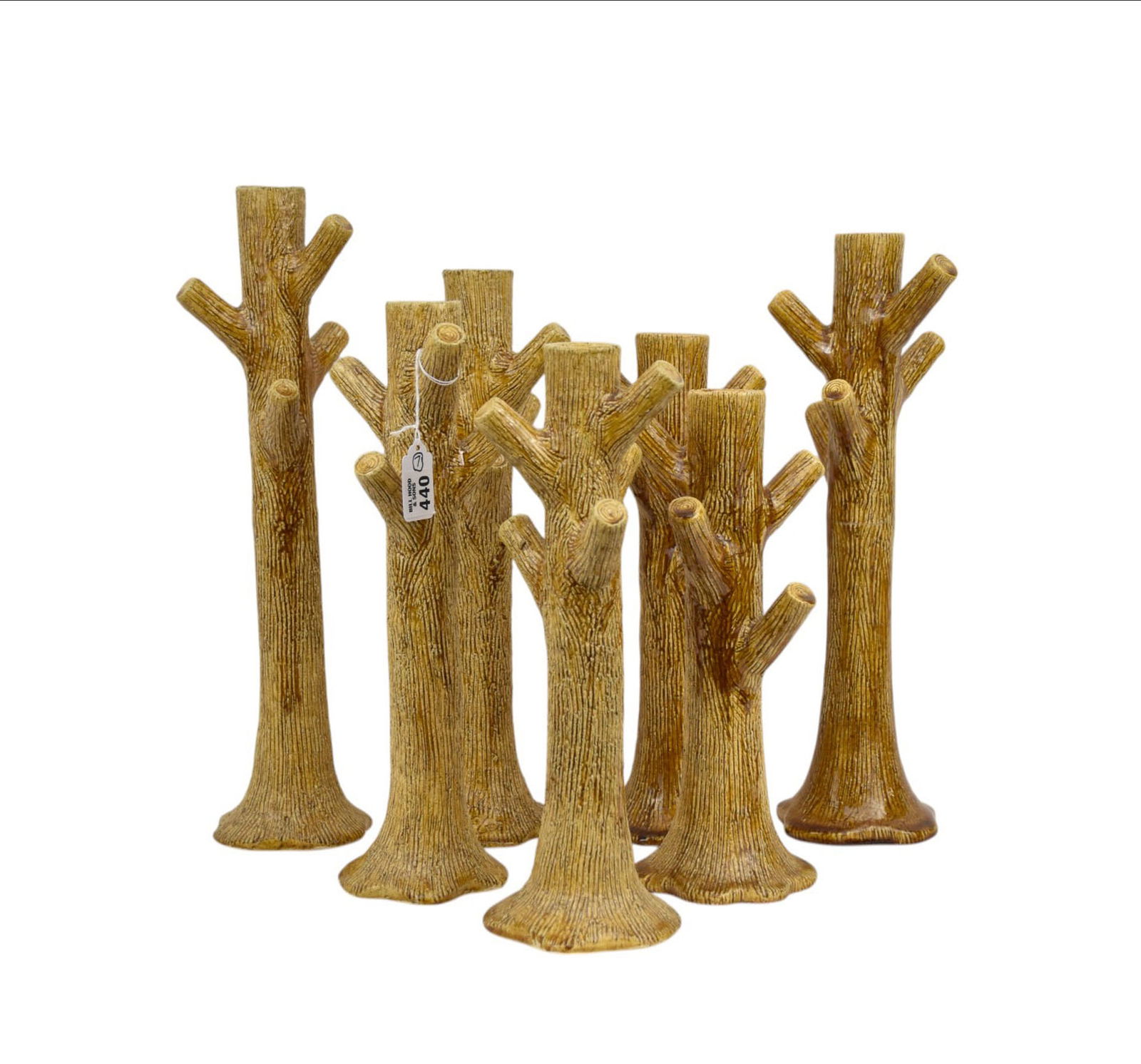7 Glazed Pottery Faux Bois Tree Trunk Form Bud Vases, Assorted Sizes, Signed Nelsen, 9"h shortest, (1 of 9)