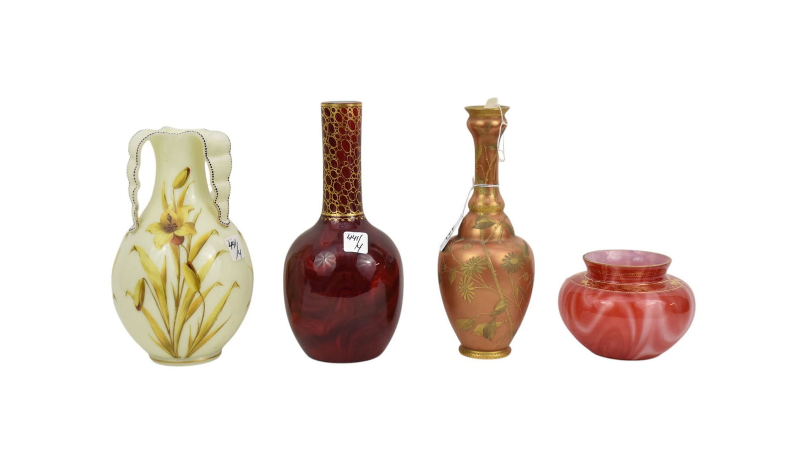 4 Pcs. Art Glass, Webb & Sons, Loetz Carnelian, Yellow Daffodil and S & W Art Glass, 11"h tallest (1 of 9)