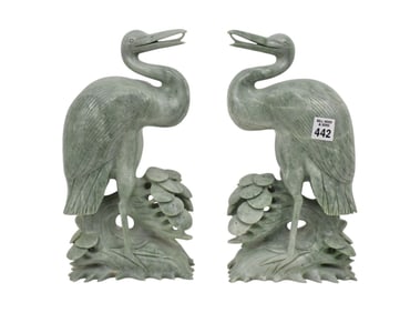 Pair of 20th century Carved Jade Herons 12' high x 6" wide x 3.25" deep (couple little chips to