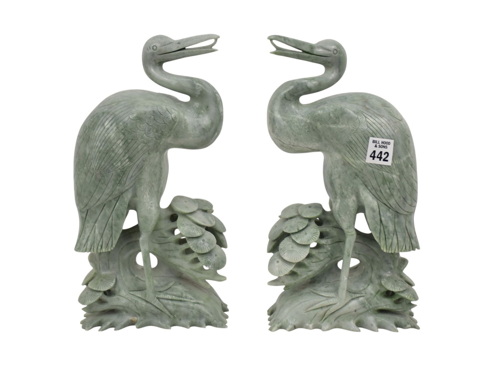 Pair of 20th century Carved Jade Herons 12' high x 6" wide x 3.25" deep (couple little chips to: Pair of 20th century Carved Jade Herons 12' high x 6" wide x 3.25" deep (couple little chips to parts of base)