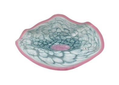 Art Glass Free Form Bowl Pinks & Green, signed illegibly, 7"h x 13"w