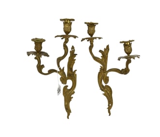 Pr. Rococo Brass Vintage 2 Light Wall Sconces, 17"h x 10"w
