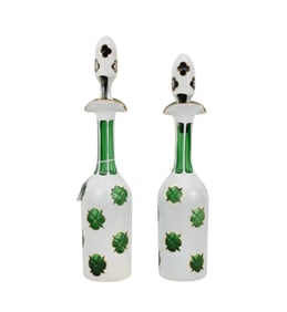Pr. Cruet Bottles Cased Glass, White Cut to Green, 14"h