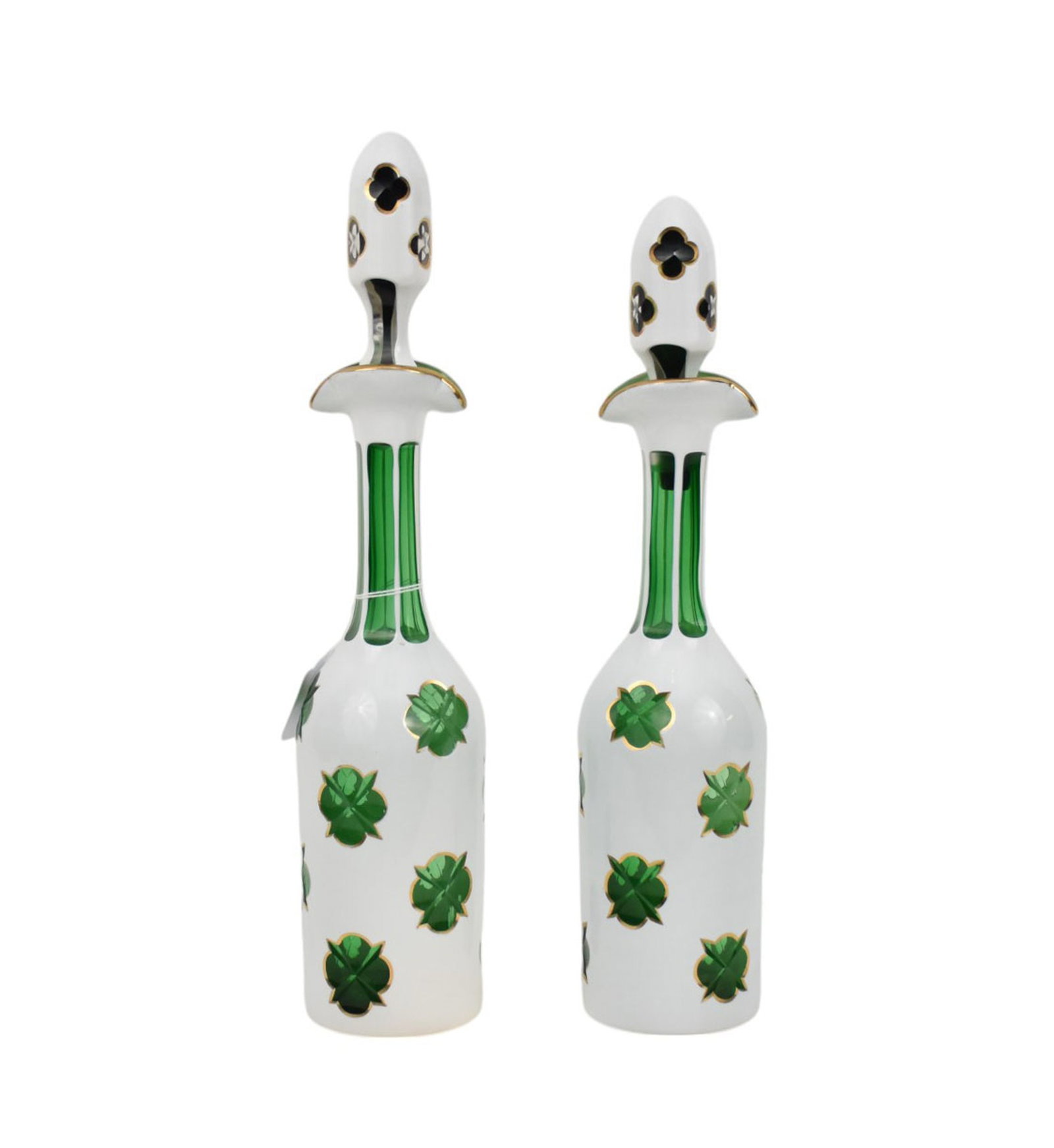 Pr. Cruet Bottles Cased Glass, White Cut to Green, 14"h: Pr. Cruet Bottles Cased Glass, White Cut to Green, 14"h