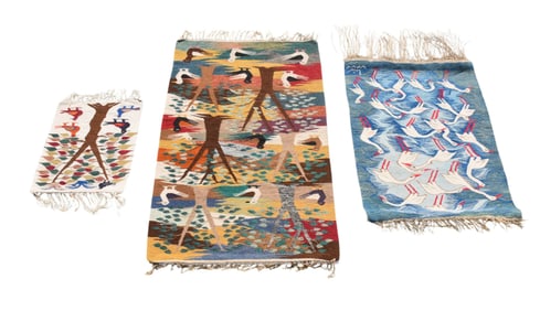 3 Assorted Woven Tapestries, Flat Weaves, Blue with Birds, 42"h x 31"w, Ducks and Trees, 58"h x 45"w