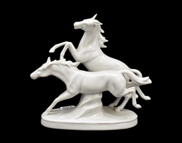 White Porcelain _________ Frolicking Horses, 7 1/2"h x 8"w