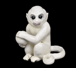 Italian Ceramic White Seated Monkey, 8"h x 7"w